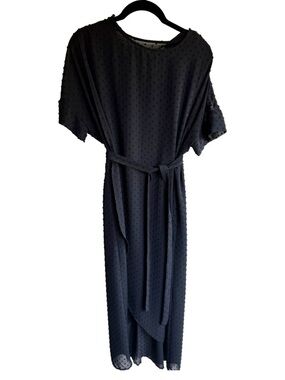 VETTA Black Swiss Dot Convertible Midi Dress with Waist Tie